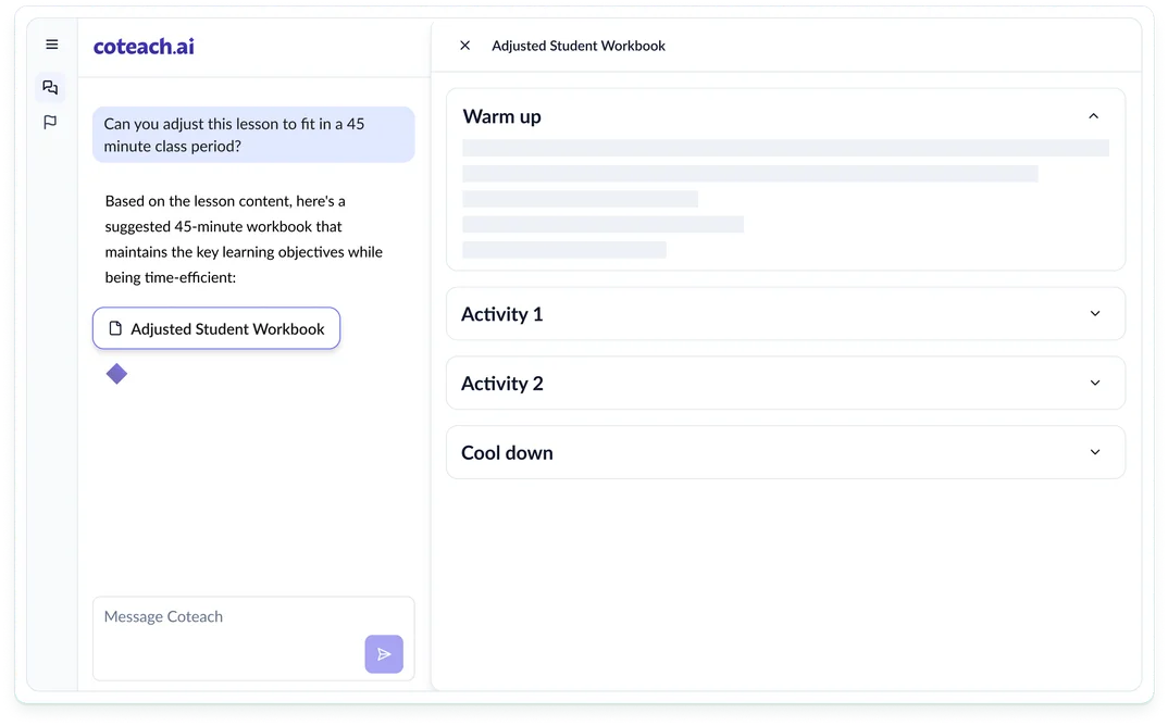 A preview of Coteach's chat interface with an adapted student workbook that helps teachers fit Illustrative Math lessons into 45-minute class periods.